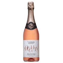 Thomson & Scott Alcohol-Free Sparkling Rosé in a bottle with a sleek design, featuring a silver label and pink liquid.