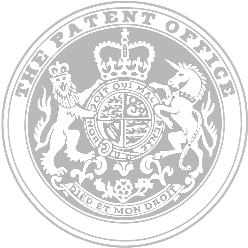 Seal of the Patent Office featuring a lion and a unicorn with a crown and coat of arms.