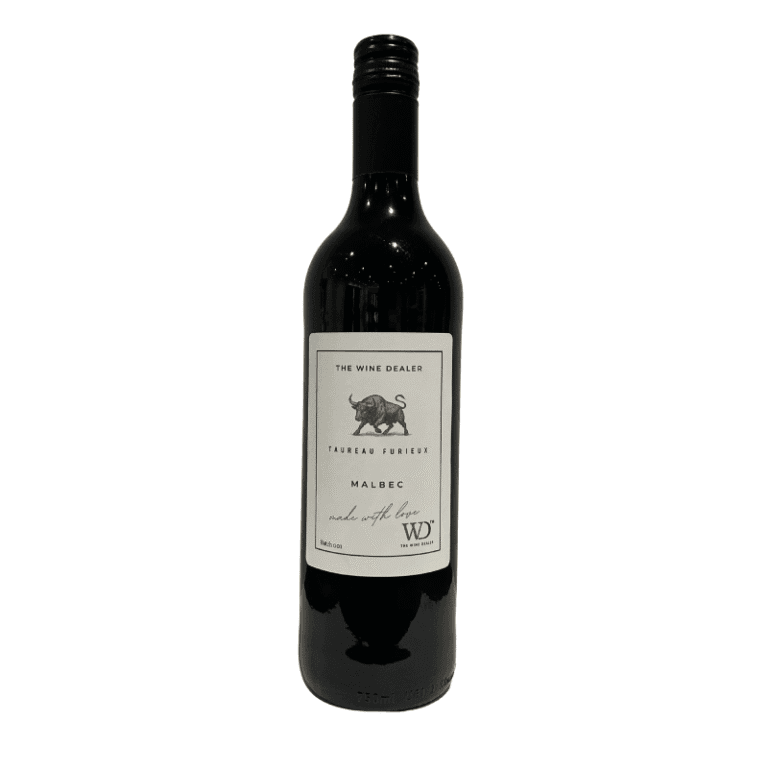 A bottle of Malbec red wine from The Wine Dealer with a simple label featuring a bull logo.