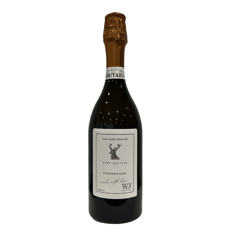 Champagne bottle with a cork and a label featuring a deer logo from The Wine Dealer.