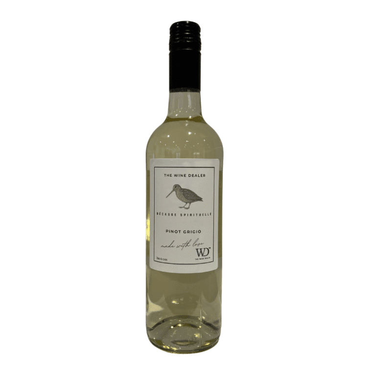 Bottle of Pinot Grigio wine from The Wine Dealer with a label featuring a bird design.