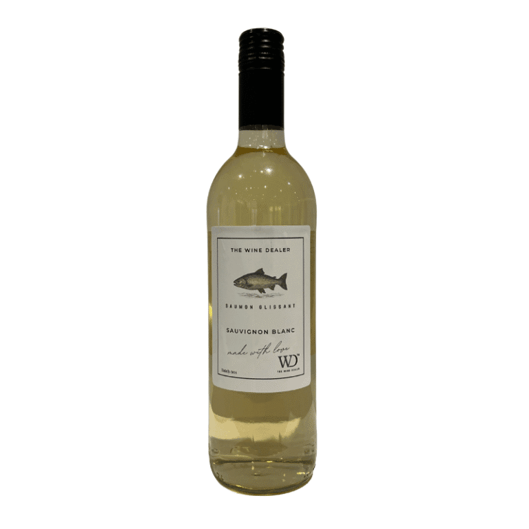 Bottle of Sauvignon Blanc wine from The Wine Dealer with a fish label design.