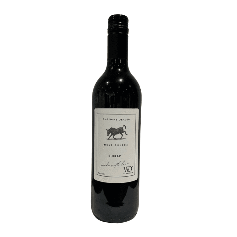 A bottle of Shiraz wine with a label featuring a horse and the text 'The Wine Dealer' and 'Shiraz'.