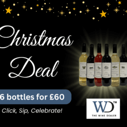 Six bottles of wine displayed with a festive Christmas theme and promotional text for a holiday deal.
