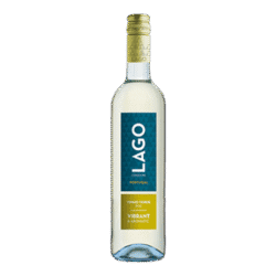 Bottle of Lago Vinho Verde white wine with a green label and a cork top.