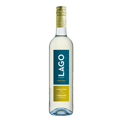 Bottle of Lago Vinho Verde white wine with a green label and a cork top.