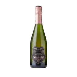 Lyme Bay Winery sparkling rosé bottle with pink foil, green glass, and an ornate pink-rose label featuring Lyme Bay Winery and classic design elements.