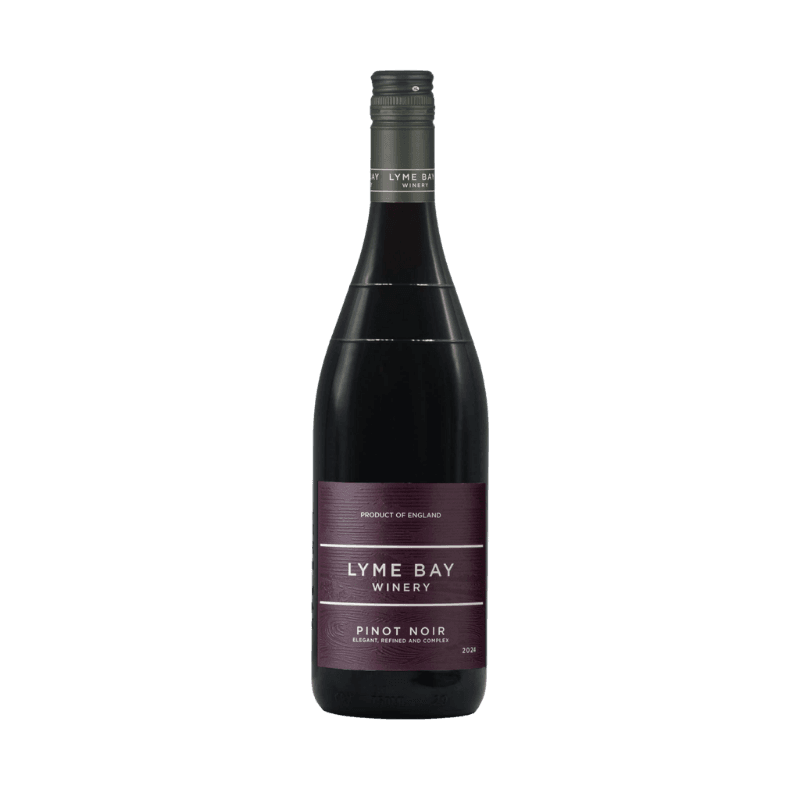 Lyme Bay Pinot Noir bottle from Lyme Bay Winery with a burgundy label, Product of England, showcasing a dark glass bottle and refined typography on the label.