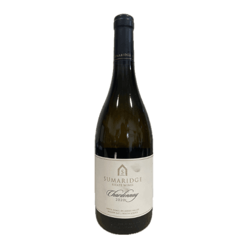 Bottle of Sumaridge Estate Wines Chardonnay 2020 with a white label and black text.