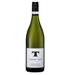 Tinpot Hut Marlborough Sauvignon Blanc bottle in green glass with a white label bearing a bold 'T' logo and 'Tinpot Hut' text, prominent on a clean background.