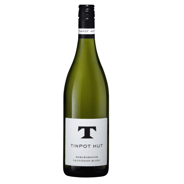 Tinpot Hut Marlborough Sauvignon Blanc bottle in green glass with a white label bearing a bold 'T' logo and 'Tinpot Hut' text, prominent on a clean background.