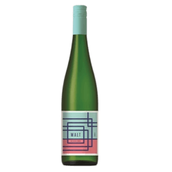 WALT Riesling bottle with a pastel blue and pink geometric label on green glass, mint-green capsule at the top, evoking the Walt Riesling brand by The Wine Dealer Ltd