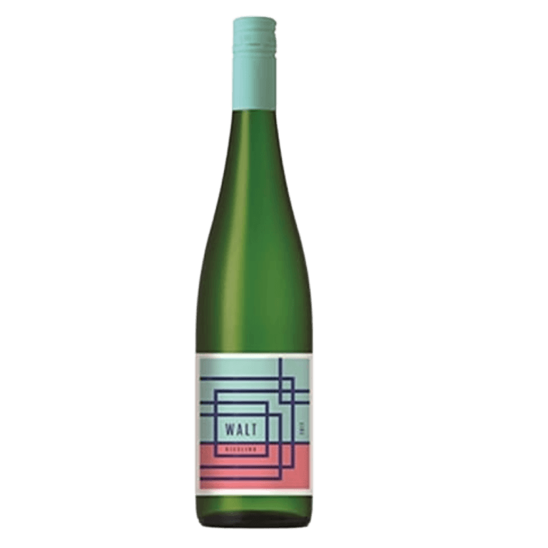 WALT Riesling bottle with a pastel blue and pink geometric label on green glass, mint-green capsule at the top, evoking the Walt Riesling brand by The Wine Dealer Ltd