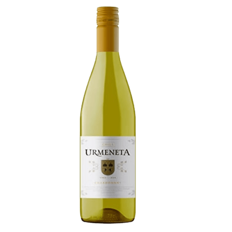 Urmeneta Chardonnay bottle with pale yellow wine and a glossy label, featuring the Urmeneta branding in bold lettering and a gold cap, evoking a tropical fruit aroma profile.