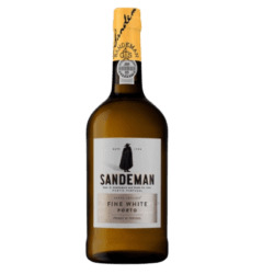 Sandeman Fine White Port bottle with yellow foil, brown glass, and white label displaying 'SANDDMAN' and 'FINE WHITE PORT' from Douro Valley.