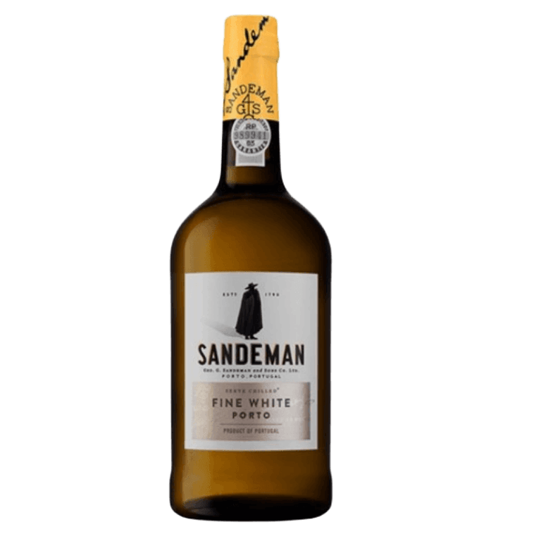Sandeman Fine White Port bottle with yellow foil, brown glass, and white label displaying 'SANDDMAN' and 'FINE WHITE PORT' from Douro Valley.