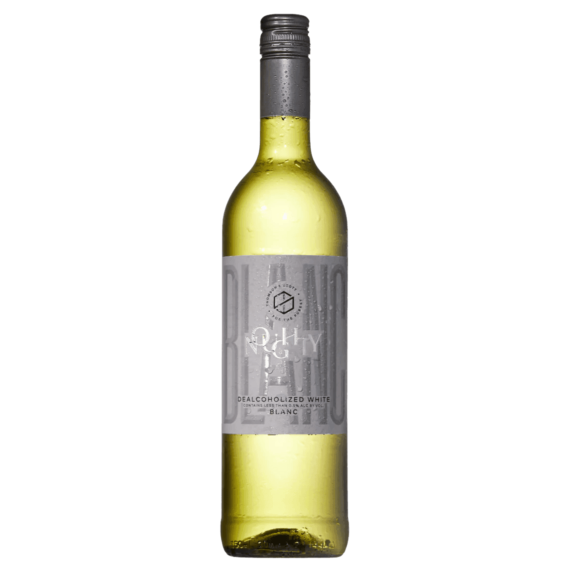 Noughty Non-Alcoholic Blanc bottle with grey label, a white wine blend of 55% Chenin Blanc and 45% Chardonnay from The Wine Dealer Ltd, showcased against a neutral backdrop