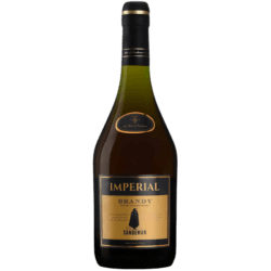 Sandeman Imperial Brandy de Jerez bottle in dark brown glass with a black and gold label, notes of premium sherry ageing and a refined, classic design featuring the Sandeman emblem