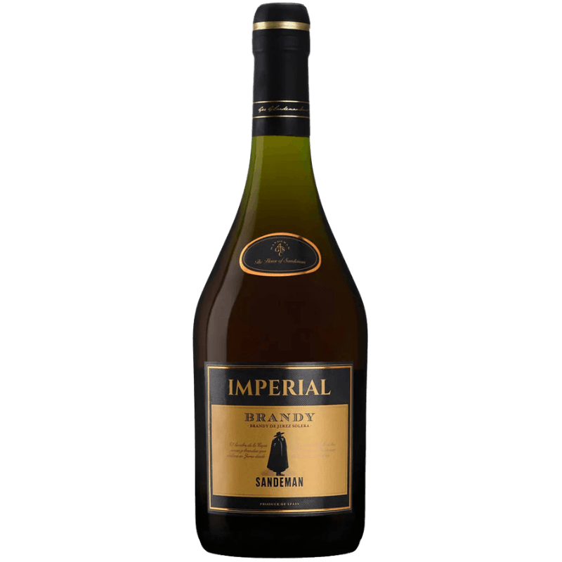Sandeman Imperial Brandy de Jerez bottle in dark brown glass with a black and gold label, notes of premium sherry ageing and a refined, classic design featuring the Sandeman emblem