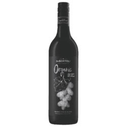 De Bortoli Organic Field Blend Shiraz bottle with a black label featuring a grape illustration; a bold organic Shiraz renowned for red fruit aromas and subtle spice.