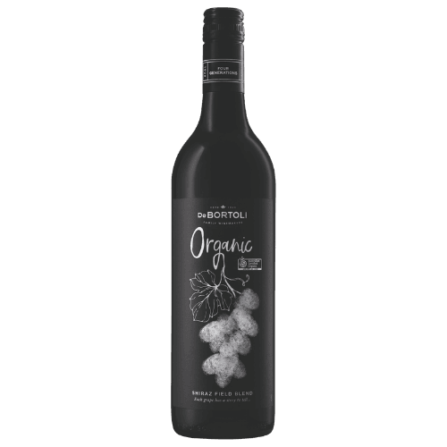 De Bortoli Organic Field Blend Shiraz bottle with a black label featuring a grape illustration; a bold organic Shiraz renowned for red fruit aromas and subtle spice.