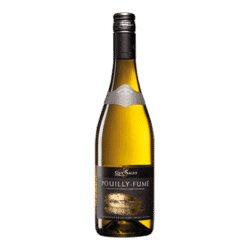 Bottle of Pouilly-Fumé wine by Guy Saget with a silver label and black design.