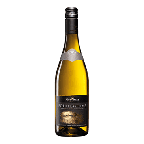 Bottle of Pouilly-Fumé wine by Guy Saget with a silver label and black design.